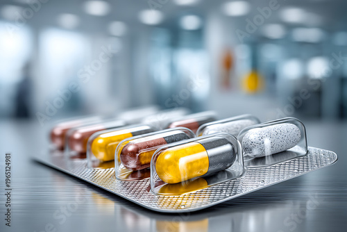 Blister pack with pills displayed on a clean surface in a modern setting Generative AI