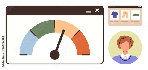 Performance tracking, user analytics, online shopping, productivity, speed monitoring, customer insights. Visual elements include a gauge, shopping website and user profile circle. Performance