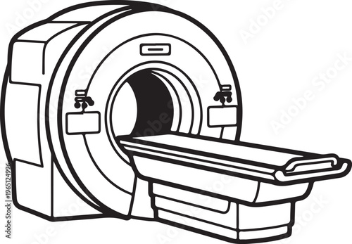 Medical mri scanner machine line art illustration showing advanced diagnostic magnetic resonance imaging equipment for hospital use.