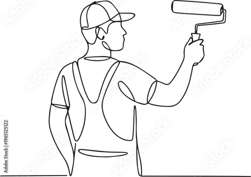 Minimalist Line Art Painter Using Roller – Home Renovation, House Painting and Maintenance Concept
