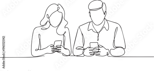 Minimalist Line Art Couple Using Smartphones Together – Modern Relationship and Digital Lifestyle Concept
