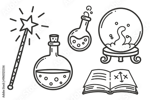 Magic and fantasy icons including a wand potion bottles crystal ball and spellbook flat vector illustration for mystical concepts and game design