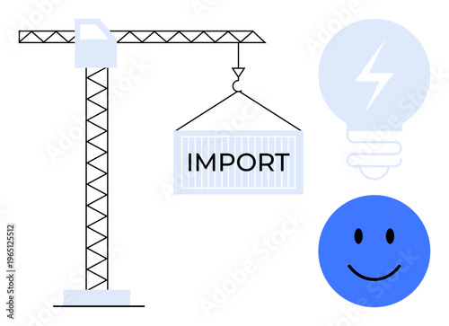 Import logistics concept. Import ed by a crane lifting a container and symbols of energy and positivity. Import in trade, business, global shipping, or innovation. For supply chain, efficiency