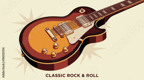 A vibrant vintage-style illustration of a sunburst electric guitar featuring 'Classic Rock & Roll' text, perfect for posters and music-themed designs.