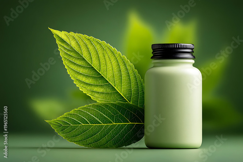 Fresh green leaf next to a bottle on a green background showing natural beauty and simple design in a calm setting Generative AI