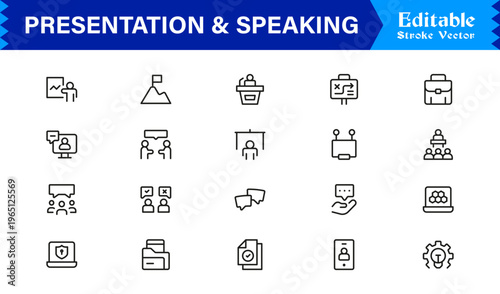 Unique Presentation And Speaking Line Icon Collection Featuring Simple Minimalist Style With Pixel-Perfect Precision For Professional Slide Decks And Reports