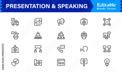 Unique Presentation And Speaking Line Icon Collection Featuring Simple Minimalist Style With Pixel-Perfect Precision For Professional Slide Decks And Reports
