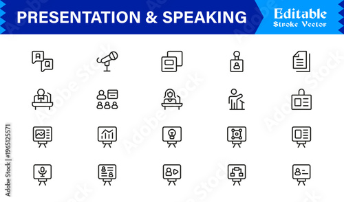 Unique Presentation And Speaking Line Icon Collection Featuring Simple Minimalist Style With Pixel-Perfect Precision For Professional Slide Decks And Reports
