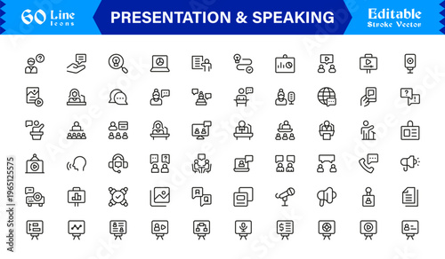 Unique Presentation And Speaking Line Icon Collection Featuring Simple Minimalist Style With Pixel-Perfect Precision For Professional Slide Decks And Reports