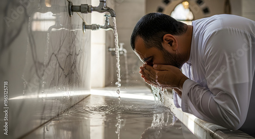 Muslim man performing wudu ablution ritual before prayer in mosque at washbasin.