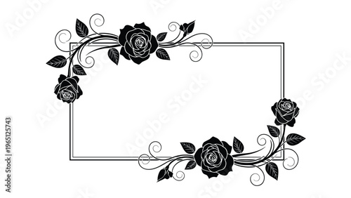 Elegant rectangular frame decorated with black roses and swirling vines for vintage style wedding invitations and mourning stationary.