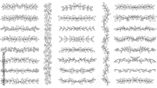 Assortment of delicate hand drawn floral and leafy border elements for creating feminine and botanical themed stationary and designs.