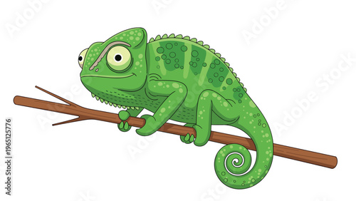 Realistic illustration of a green chameleon with large eyes standing on a thin branch for nature and wildlife related publications.