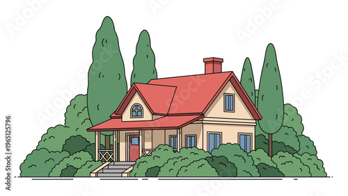 Picturesque cottage with a red roof nestled among tall cypress trees and green bushes for idyllic rural and suburban living concepts.