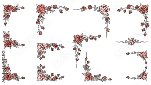 Set of elegant vintage rose corner ornaments and floral borders in soft pink and muted tones for romantic and classical design work.