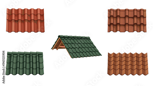 Selection of various ceramic and metal roof tile samples along with a complete gable roof section for construction.