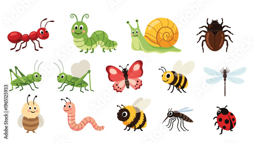 Cute cartoon insect collection featuring a colorful butterfly, ant, bee, ladybug, and other friendly garden bugs.