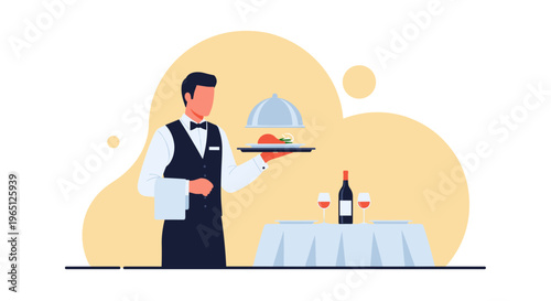 Waiter serving food and wine in a restaurant setting with elegant tablecloth and wine bottle