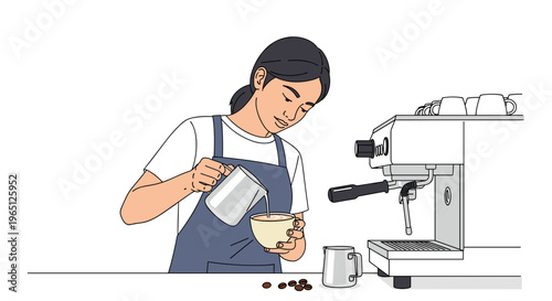 Woman in blue apron steaming milk for coffee with espresso machine and scattered beans on countertop