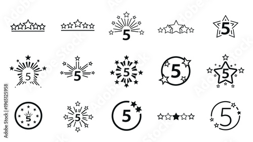 Collection of five star rating icons and celebratory symbols designed with various artistic styles and elements.