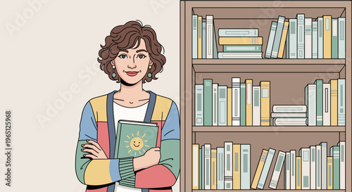 Woman sitting with books on lap beside bookshelf smiling reading colorful novel