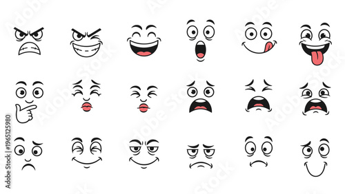 Large assortment of cartoon facial expressions including happy, angry, surprised, and funny eyes and mouth shapes.