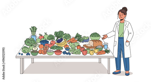 Scientist examining fresh produce on a table in a lab setting with various fruits and vegetables on display for healthy eating and nutrition research