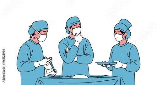 Medical professionals in blue scrubs and masks perform surgery with focused expressions and sterile equipment