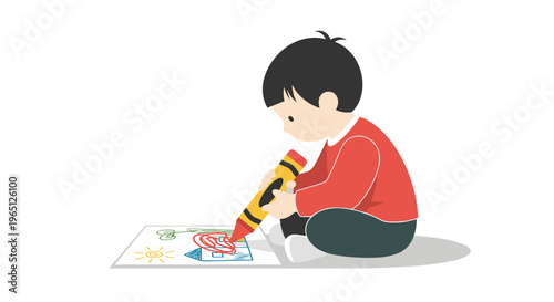 Young boy sitting on floor using colorful glue stick on artwork creative child engaged in arts and crafts project with vibrant materials