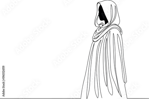 Mysterious hooded figure in flowing tattered cloak stands in profile