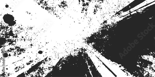 A grungy black ink splat vector illustration featuring a dirty paint liquid texture with spray drips and a halftone art border element on a white background