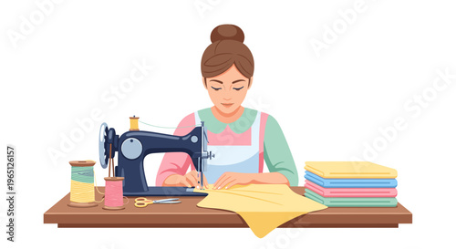 Woman sewing with a black machine on a wooden table with colorful fabric