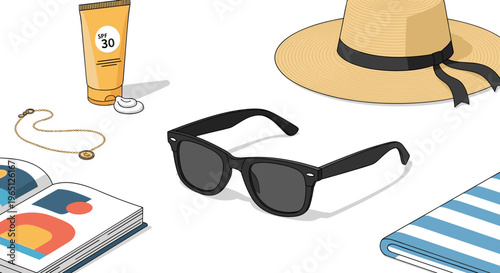 Summer vacation accessories laid out on a white background including sunglasses sun hat sunscreen and a book