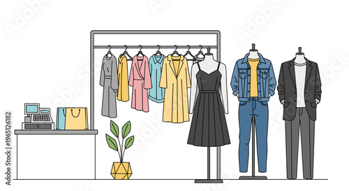Fashion store display with clothing racks and mannequins in modern boutique setting with accessories