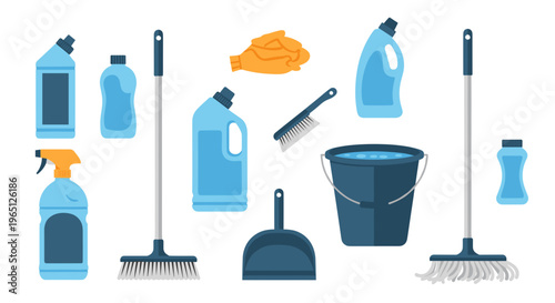 Cleaning supplies and tools arranged neatly on a white background for household chores and organization