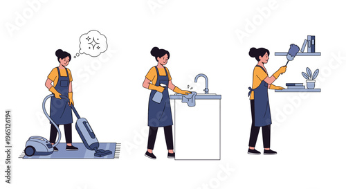 Woman cleaning and organizing home daily chores household tasks cleaning kitchen and laundry