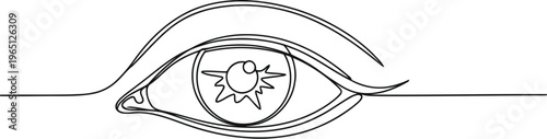 Minimalist continuous line drawing of an abstract eye with a floral iris design