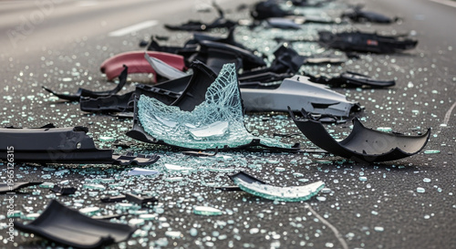 Debris of broken car parts and shattered windshield glass scattered on asphalt road. Traffic vehicle accident scene on highway. Insurance concept and road safety warning photography.