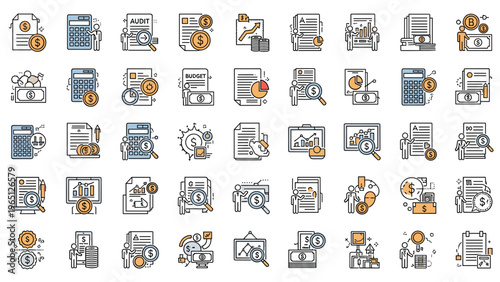 Large grid of colorful business and financial icons focusing on concepts like auditing, budgeting, data analysis, and strategy.