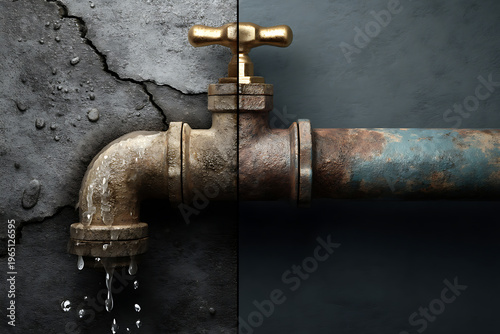 Split scene of water leak repair with a faulty pipe on one side and a functioning tap on the other side highlighting the contrast between leak issues and repair solutions Generative AI