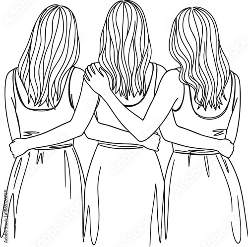 Three women with long hair sitting together viewed from behind