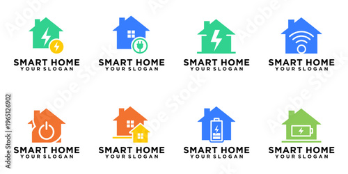 Smart home technology icon set featuring connected house symbols, energy control, and automation concepts in modern red flat vector style.
