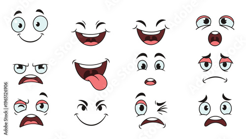 Set of expressive cartoon facial features showing a wide range of emotions through different eyes and mouths.