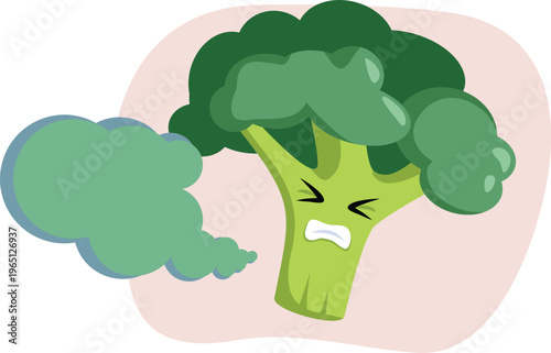 Funny Broccoli Mascot Farting Vector Illustration. Hilarious vegetable character suffering from flatulence 
