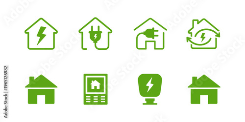 Modern home energy and electricity logo set featuring plug, lightning bolt, and power switch symbols, perfect for tech and utility branding.