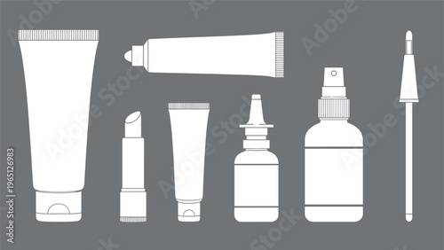 Minimalist silhouettes of various cosmetic and medical containers including tubes, sprays, and bottles on grey.
