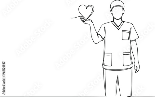 Medical professional in scrubs holds a hand drawn heart symbol with care