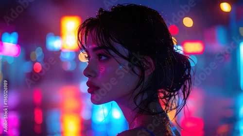A woman in a neon-lit rain, facing left, with soft lighting and blurred background