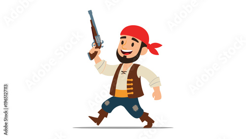 Cheerful cartoon pirate character wearing a red bandana and brown vest walking with a flintlock pistol in hand.