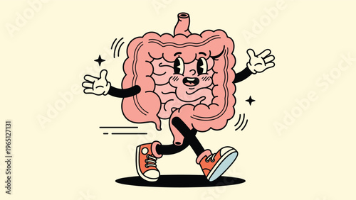 Playful personified illustration of a human intestine character walking while wearing red and white sneakers.